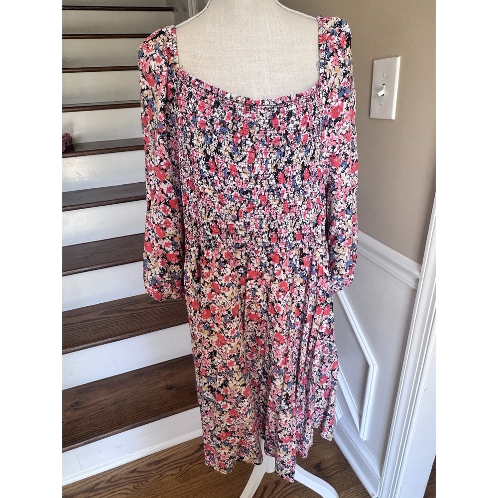 Terra & Sky Floral Smocked Mini Dress Womens 2x Square Neck 3/4 Sleeve - Picture 10 of 13